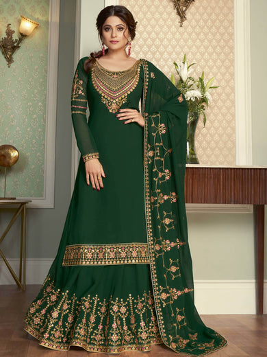 Desirable Green Silk Floral Embroidered Mehendi Wear Suit With Lehenga